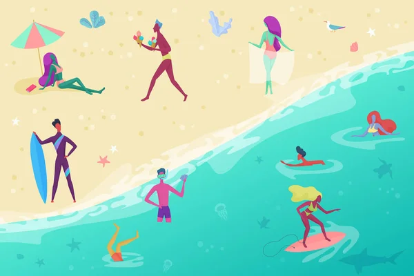 Pessoas na praia de areia. Pessoas surfando, nadando, caminhando, tomando sol e plaing vista superior. Ilustração do vetor dos desenhos animados do verão . —  Vetores de Stock