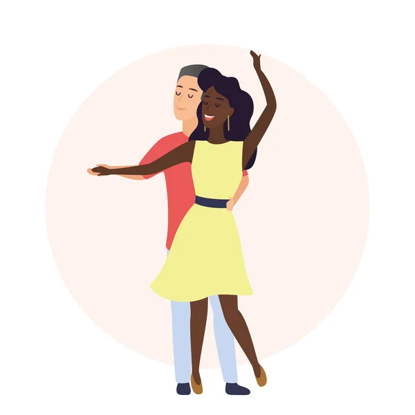 Feliz hombre caucásico romántico y mujer afroamericana. Tiempo juntos. Pareja bailando en amor vector ilustración . — Archivo Imágenes Vectoriales