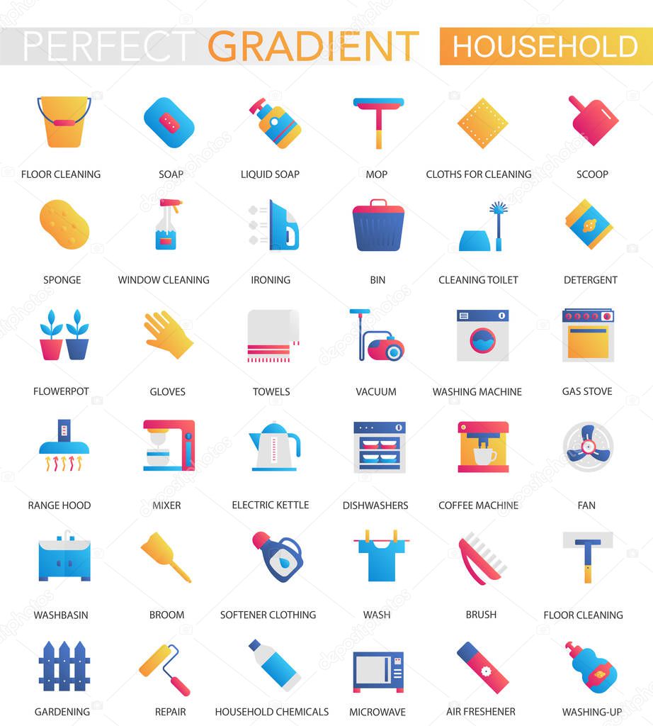 Vector set of trendy flat gradient Household icons