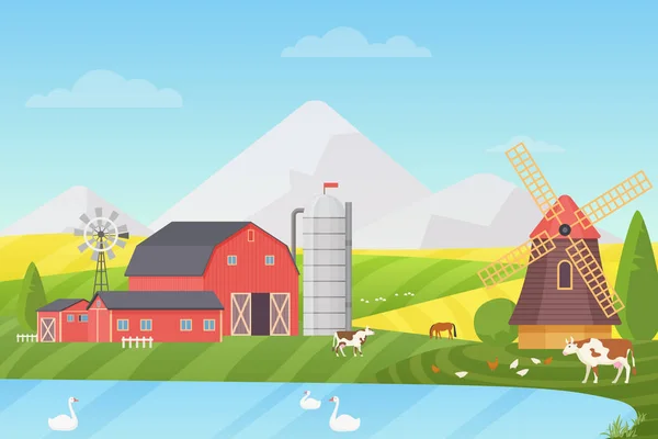 Landwirtschaft, Agrarindustrie und Vektorillustrationskonzept. ländliche Cartoon-Landschaft mit Tieren und Gebäuden. — Stockvektor