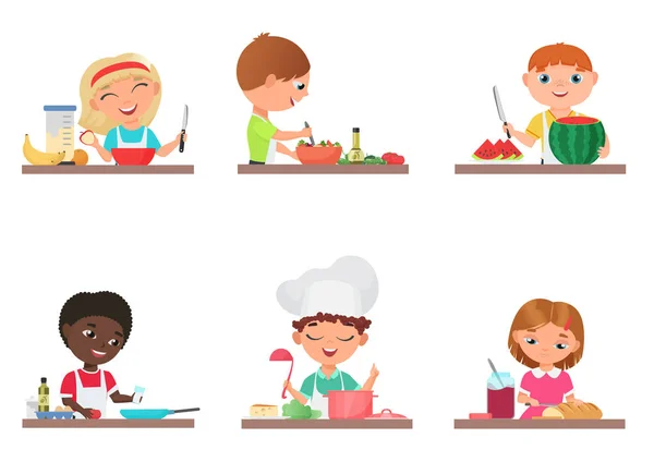 Desenhos animados bonitos crianças preparando comida na cozinha conjunto isolado vetor ilustração . — Vetor de Stock