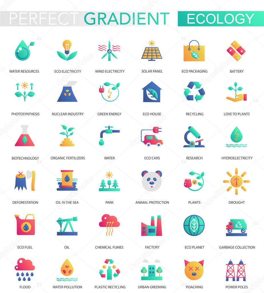 Vector set of trendy flat gradient Ecology and green energy icons.