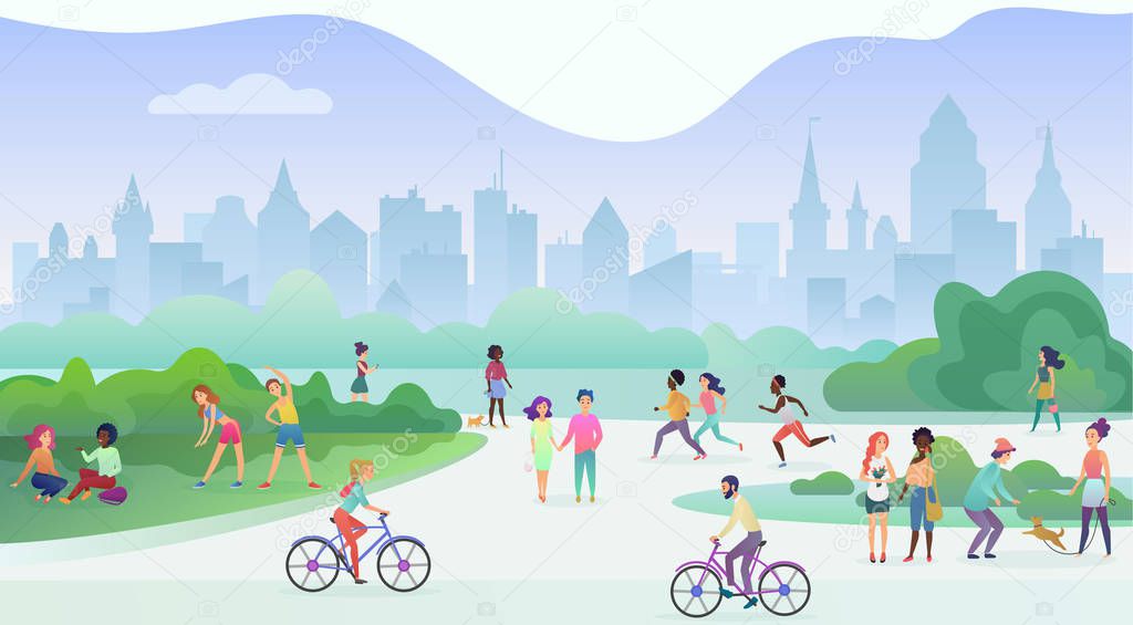 Group of people performing sports activities at park. Doing gymnastics exercises, jogging, talking and walking, riding bicycles, playing with pets. Modern public city park street vector illustration.