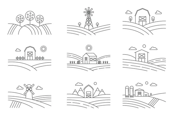 Conjunto de paisajes eco granja de diferentes líneas aislados sobre fondo blanco. Paisaje rural con molino de viento, torre de ensilado, árboles. Ilustración de vectores de estilo lineal . — Vector de stock