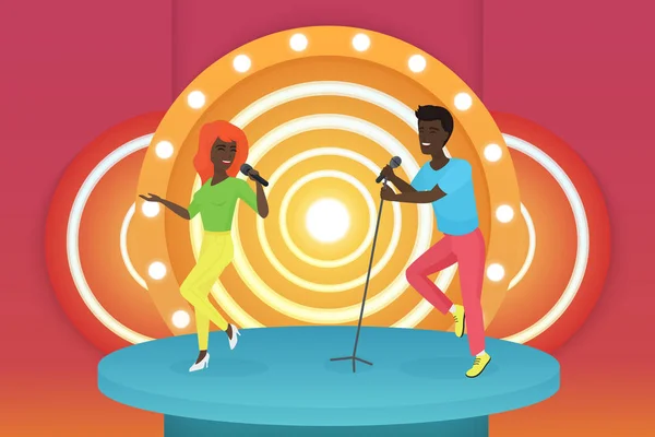 Schwarzafrikanisch-amerikanisches junges lächelndes Sängerpaar, das auf der hellen Bühne tanzt und auftritt. Bunte Vektorillustration. — Stockvektor