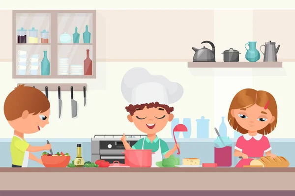Happy little cute crianças crianças cozinhar comida deliciosa na cozinha. Chef menino em um tampão de cozinheiros mantém uma sopa de cozinha concha, menina corta o bastão, criança em um avental prepara ilustração de vetor de salada . —  Vetores de Stock