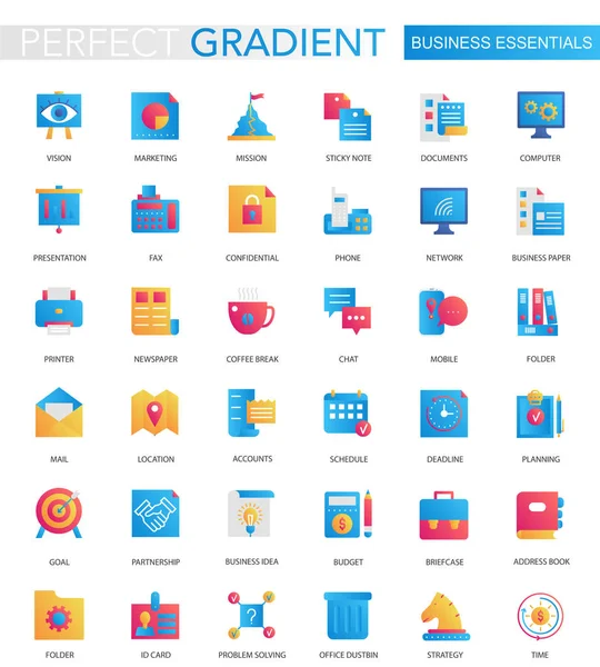 Conjunto de vectores de degradado plano de moda Iconos esenciales de negocio . — Archivo Imágenes Vectoriales