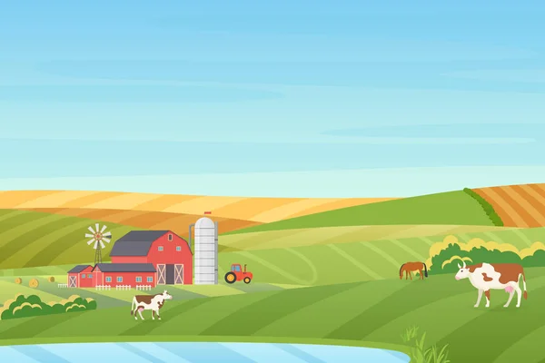 Summer warm weather farm coutryside landscape with eco cottage, barn, windmill, tractor, silage tower, cow, horse, green and orange fields near the blue clean lake flat vector illustration. — Stock Vector