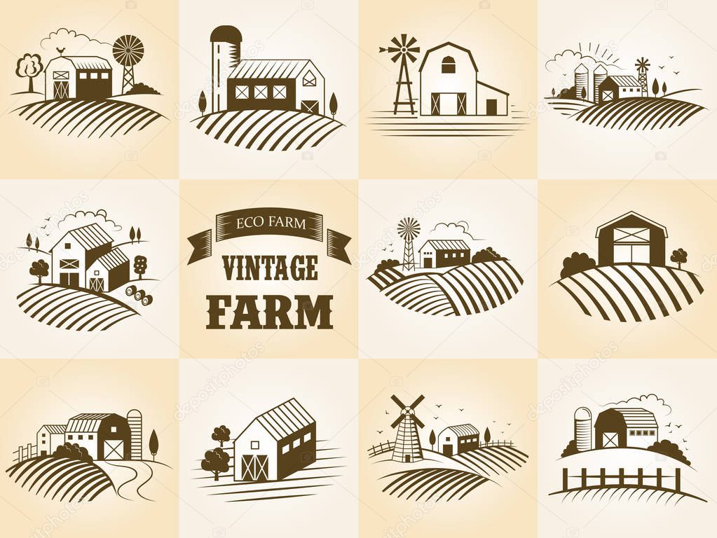 Set of vintage eco farm label, landscapes, buildings, fileds. Retro woodcut style vector illustration.