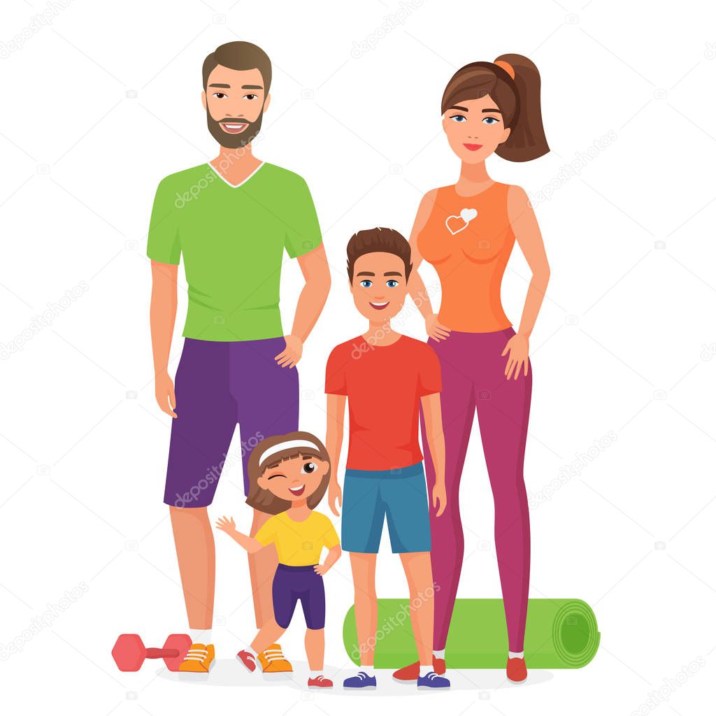 Sport lifestyle healthy young family with cute kids. Father, mother, son and daughter involved in fitness activity. Sport family cartoon vector illustration isolated.