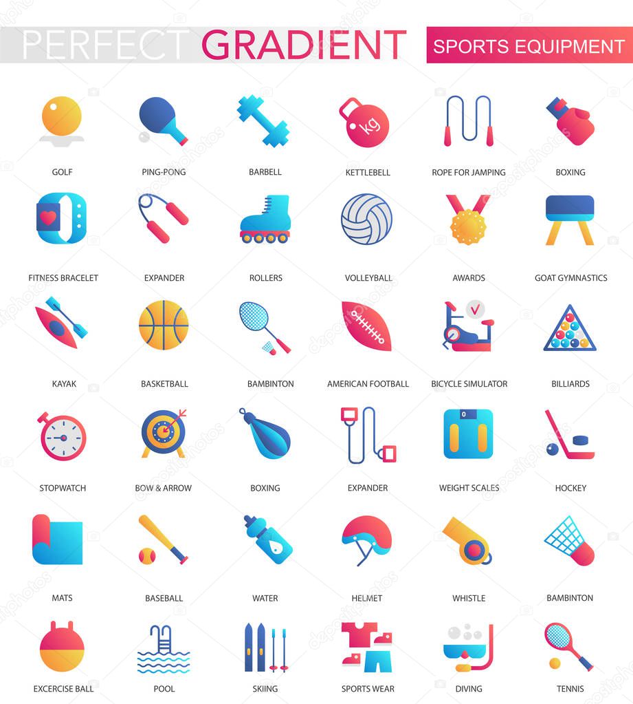 Vector set of trendy flat gradient Sport equipment icons
