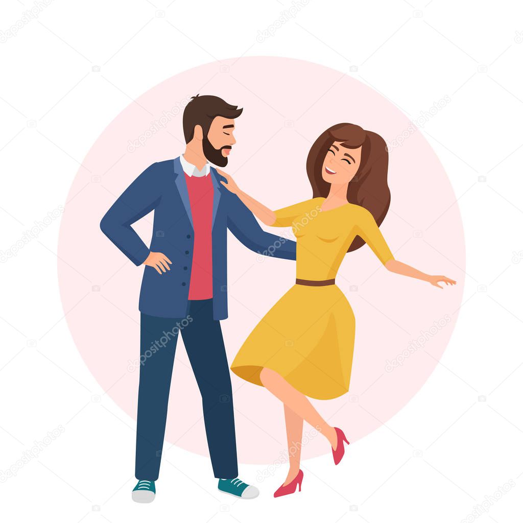 Happy romantic handsome man and pretty woman. Time together. Couple dancing in love vector illustration.