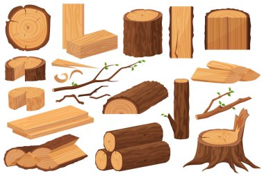 Wood industry raw materials. Realistic production samples collection. Tree trunk, logs, trunks, woodwork planks, stumps, lumber branch, twigs cartoon vector illustration. clipart