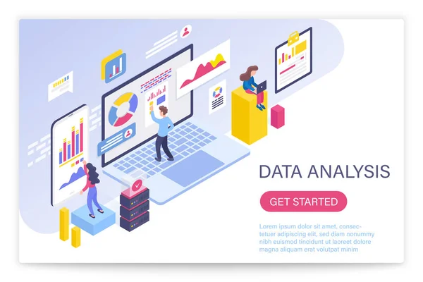 Proces analizy danych, koncepcja Big Data izometryczna ilustracja wektorowa 3D. Użytkownicy korzystający z wirtualnych wykresów ekranowych i analizujących statystyki. — Wektor stockowy