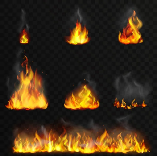 Realistic high detailed vector fire flames set. — Stock Vector