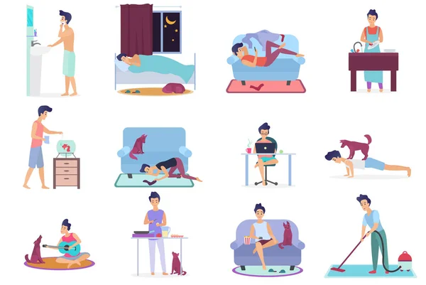 Dagelijks leven, alledaagse routine scènes van de jonge man. Spelen op gitaar met hond, TV kijken, werken op laptop, slapen, schoonmaak kamer, koken, kleren wassen, doen oefeningen vector illustratie. — Stockvector