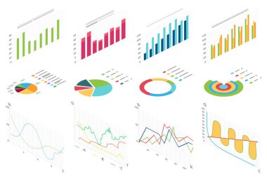 İzometrik düz veri finans grafik, Infographic için iş finansmanı grafikleri. Dalgalar grafik verileri, 2B diyagram istatistik, bilgi sütunları izole vektör illüstrasyon.