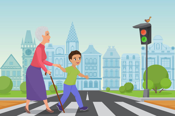 Polite little boy helps smiling old woman to pass the road at a pedestrian crossing while the green light shines. Cartoon vector illustration.