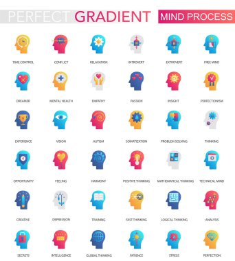 Trendy düz degrade Mind beyin işlem simgeleri Vektör seti.