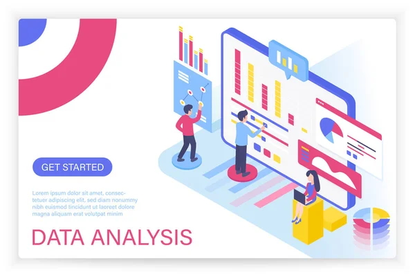 Data analysis process, big data concept isometric illustration for internet website. Landing page modern template with people interacting with virtual screen charts. — Stock Vector