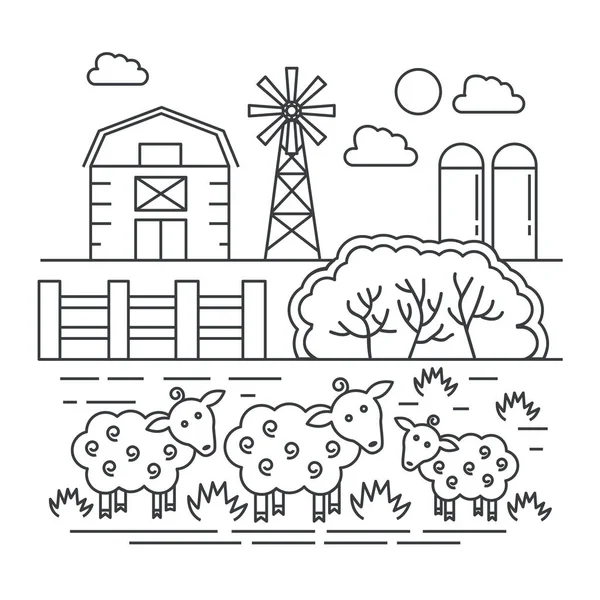 Jordbruk gård med sheeps tunn linje Concept logo mall vektor illustration. — Stock vektor