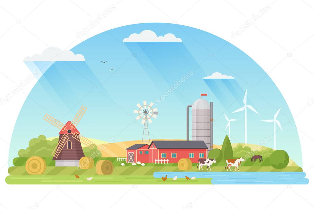 Agriculture, Agribusiness and Farming concept illustration. Rural flat landscape vector illustration.