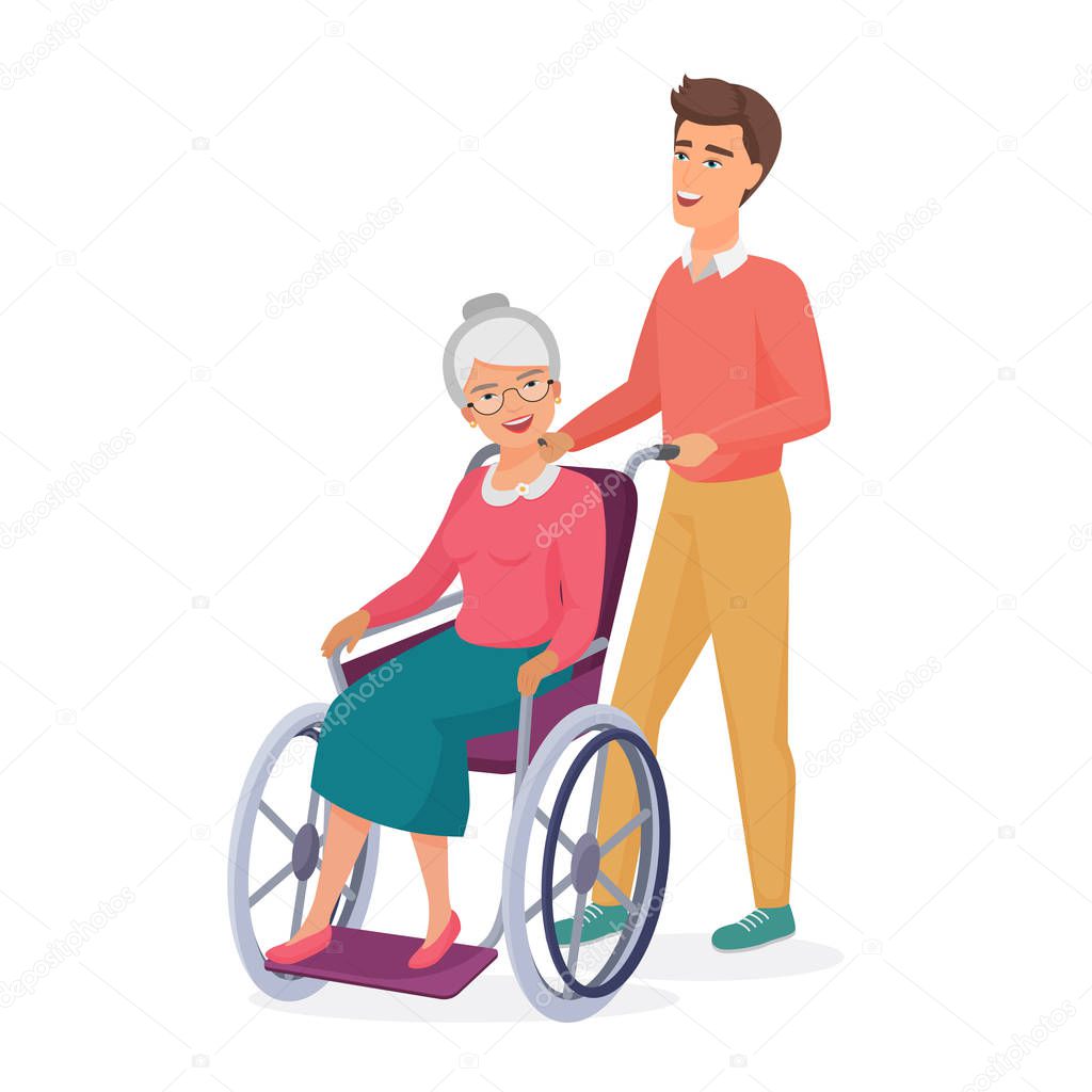 Smiling young male men takes care on elderly disabled mom grandmother in wheelchair. Colourful cartoon vector illustration on white background