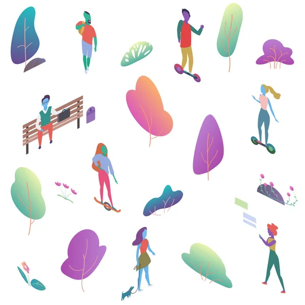 Différents isomères 2d personnes appartement dans le parc public. Homme et femme ont une illustration vectorielle d'activité de plein air . — Image vectorielle