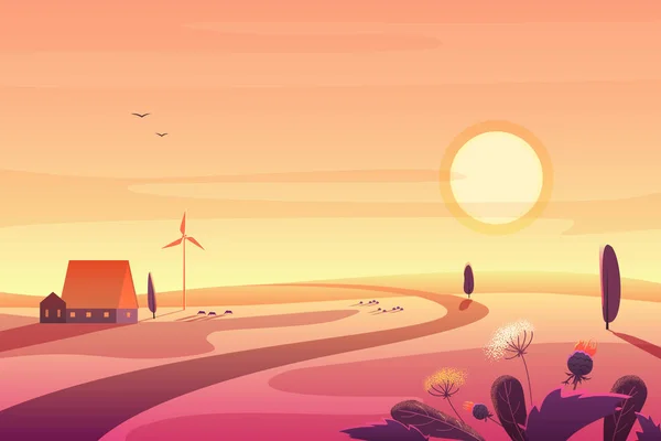 Paisagem rural solar ao pôr do sol com colinas, pequena casa, turbina eólica ilustração vetorial . — Vetor de Stock