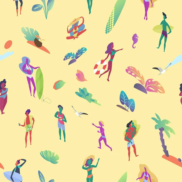 Безшовний візерунок ізометричних крихітних людей на пляжі. Різноманітна колекція маленьких чоловіків і жінок вид зверху Векторні ілюстрації . — стоковий вектор