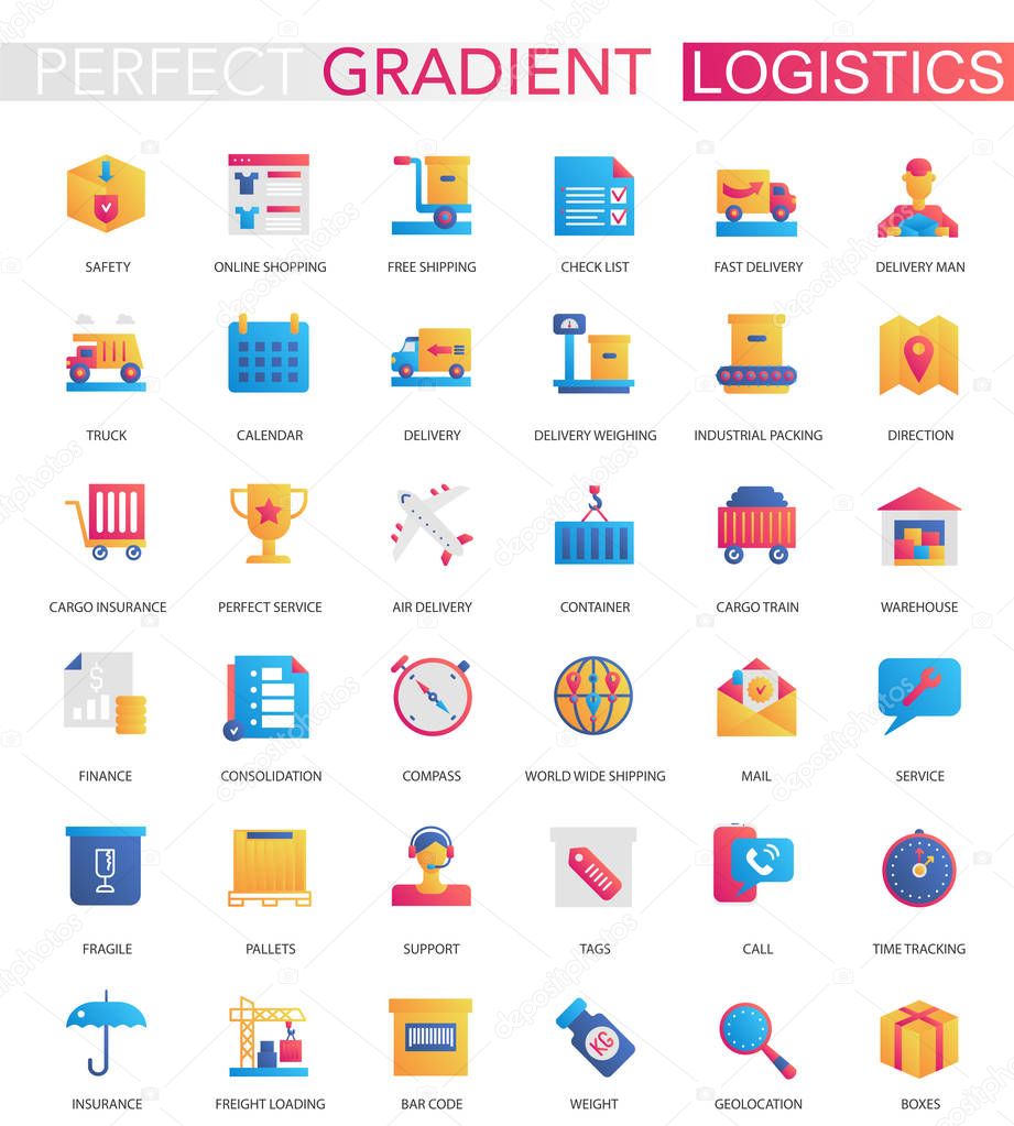Vector set of trendy flat gradient Logistics, transportation, cargo, delivery icons.