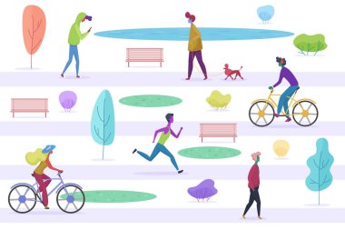 Stylized male and female people walking with pets, cycling, running, listening to the misic, enjoying time, texting in the city park. Flat cartoon trendy vector illustration.