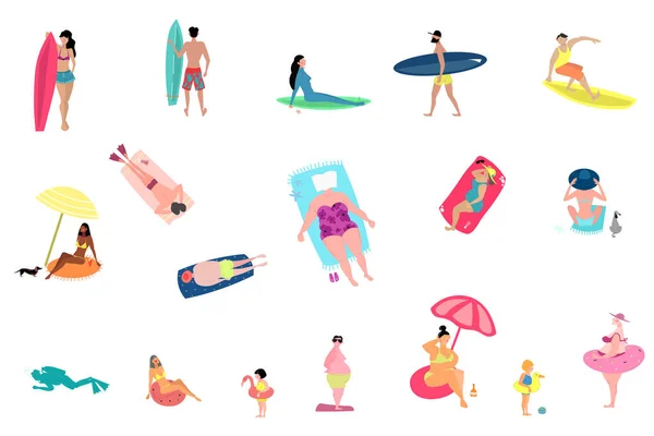 Gente actividades en verano playa conjunto aislado sobre fondo blanco . — Vector de stock