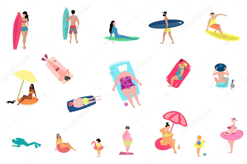 People activities at summer beach set isolated on white background.