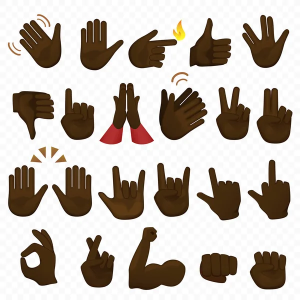 Sada černobílých ikon a symbolů černých afrických amerických rukou. Ikony Emoji ruky. Různá kreslená gesta, ruce, signály a směrovky na vektorové ilustrace. — Stockový vektor