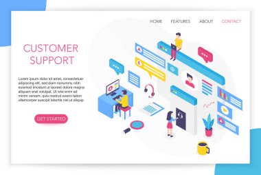 Müşteri destek konsepti. Bize ulaşın. SSS. Yardım hattı sohbet danışmanı Helpdesk konuşuyor. Çağrı merkezi kavramı 3d isometrik web sitesi açılış sayfası şablon vektör illüstrasyon.
