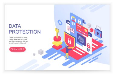 Veri koruma kavramı. Kredi kartı kontrolü ve yazılım erişim verileri gizlidir. Web afişi, bilgi grafikleri, kahraman resimleri için kullanılabilir. Düz izometrik illüstrasyon beyaz arkaplanda izole edildi.