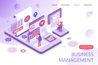 Finansal yönetim, kurumsal istatistikler, iş pazarlama modern 3d isometrik vektör web sitesi açılış sayfası şablonu. Sanal ekran grafikleri ile etkileşim edebilen ve istatistikleri analiz eden kişiler.