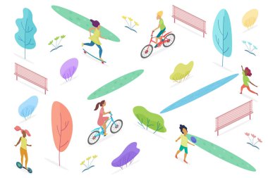 İzometrik halk parkı, yürüyüş, binicilik ve çocukları izole oyun. Çocuklar vektör illüstrasyon için eğlence parkı.