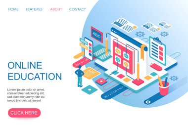 Online Eğitim, eğitim kursları, internet üniversitesi uzmanlık 3d izometrik açılış web sitesi sayfası şablon vektör illüstrasyon.