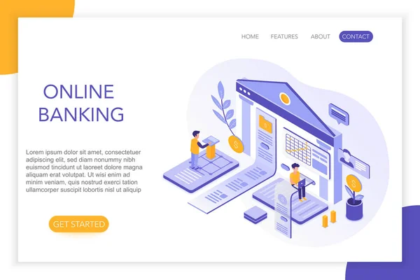 Online Banking, pagamenti sicuri, conto bancario 3d isometric landing website page template. Persone, grafici a schermo virtuale con illustrazione vettoriale statistica . — Vettoriale Stock