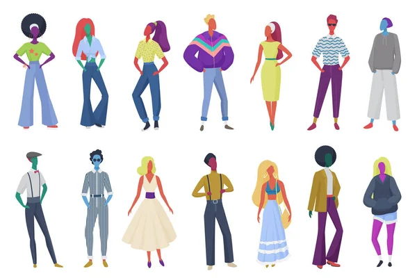 Grupo de pessoas de moda retro abstrata minimalista vestindo roupas vintage. Homens e mulheres na década de 60, roupas de estilo dos anos 80 na ilustração do vetor de festa retro disco . —  Vetores de Stock