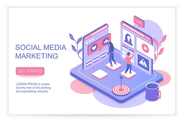 Infográficos de marketing de mídia social conceito com pessoas 3d isométrico landing site página modelo vetor ilustração . —  Vetores de Stock