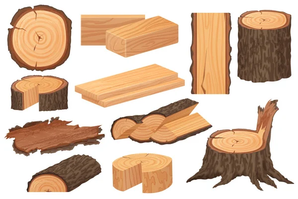 Matérias-primas da indústria da madeira. Amostras de produção vetorial altamente detalhadas realistas. tronco de árvore, troncos, troncos, pranchas de madeira, tocos, ramo de madeira, galhos . —  Vetores de Stock
