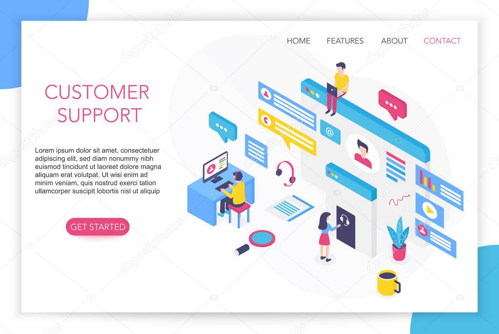 Customer support concept. Contact us. FAQ. Hotline chat consultant Helpdesk talking. Call center concept 3d isometric website landing page template vector illustration.