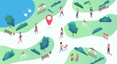 Yürüyüş ile Izometric Park haritası, müzik dinleme, rahatlatıcı multiethic insanlar, kuğu ile büyük mavi göl, çardak, ağaçlar, çalılar, banklar vektör illüstrasyon.