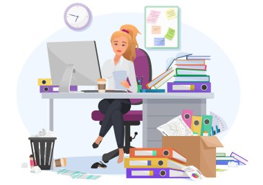 İş yüzünden bitkin düşmüş genç kadın çalışan ofiste geç saatlere kadar kalıyor. Evrak bir sürü iş yükü kadın tarafından yorgun, ek görevler vektör illüstrasyon.