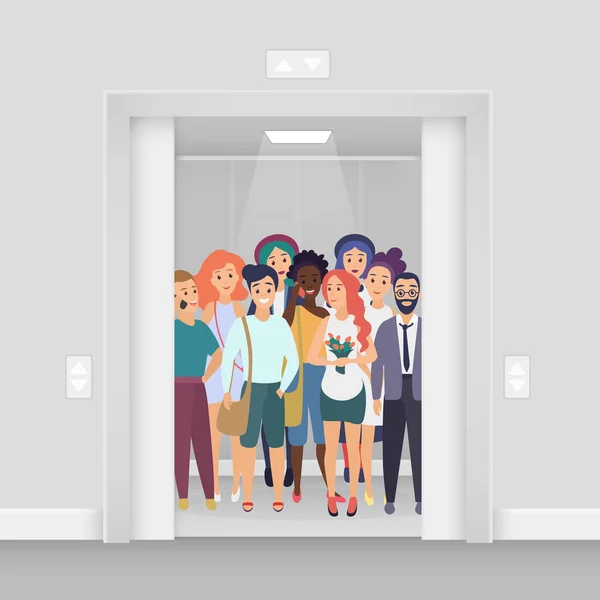 Groep van jonge lachende mensen met telefoons, tassen, bloemen in de heldere verlichte moderne drukke lift met open deuren vector illustratie. — Stockvector