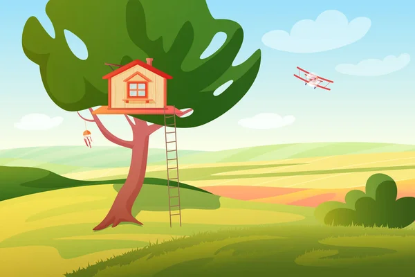 Stylized bright summer rural fields sunny panoramic landscape with a wooden children tree house and ladder, plane. Colorful cartoon style vector illustration. — Stock Vector