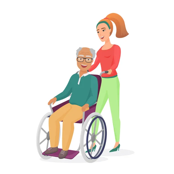 Leende unga friska kvinnliga socialarbetare eller dotter, tar hand om äldre handikappade positiva pappa eller farfar i rullstol isolerad vektor illustration. — Stock vektor